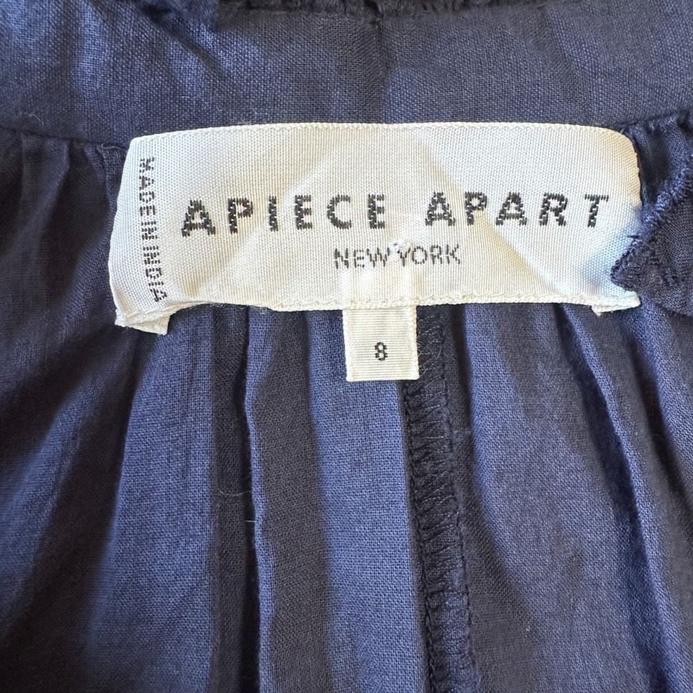 Apiece Apart Popover Cotton Blouse 8 Navy Blue Peasant 3/4 Balloon Sleeve Top - Picture 7 of 11